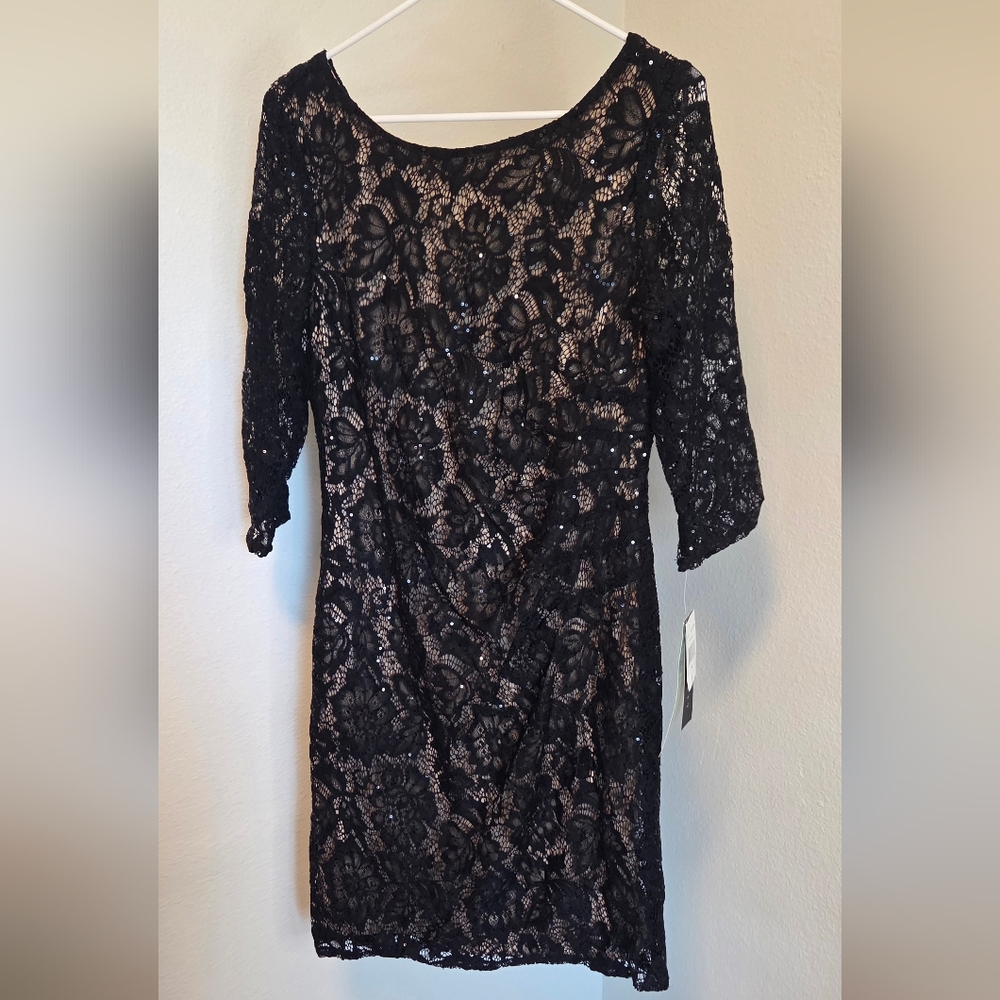 Classy! Scarlett Black Lace Over Nude Dress